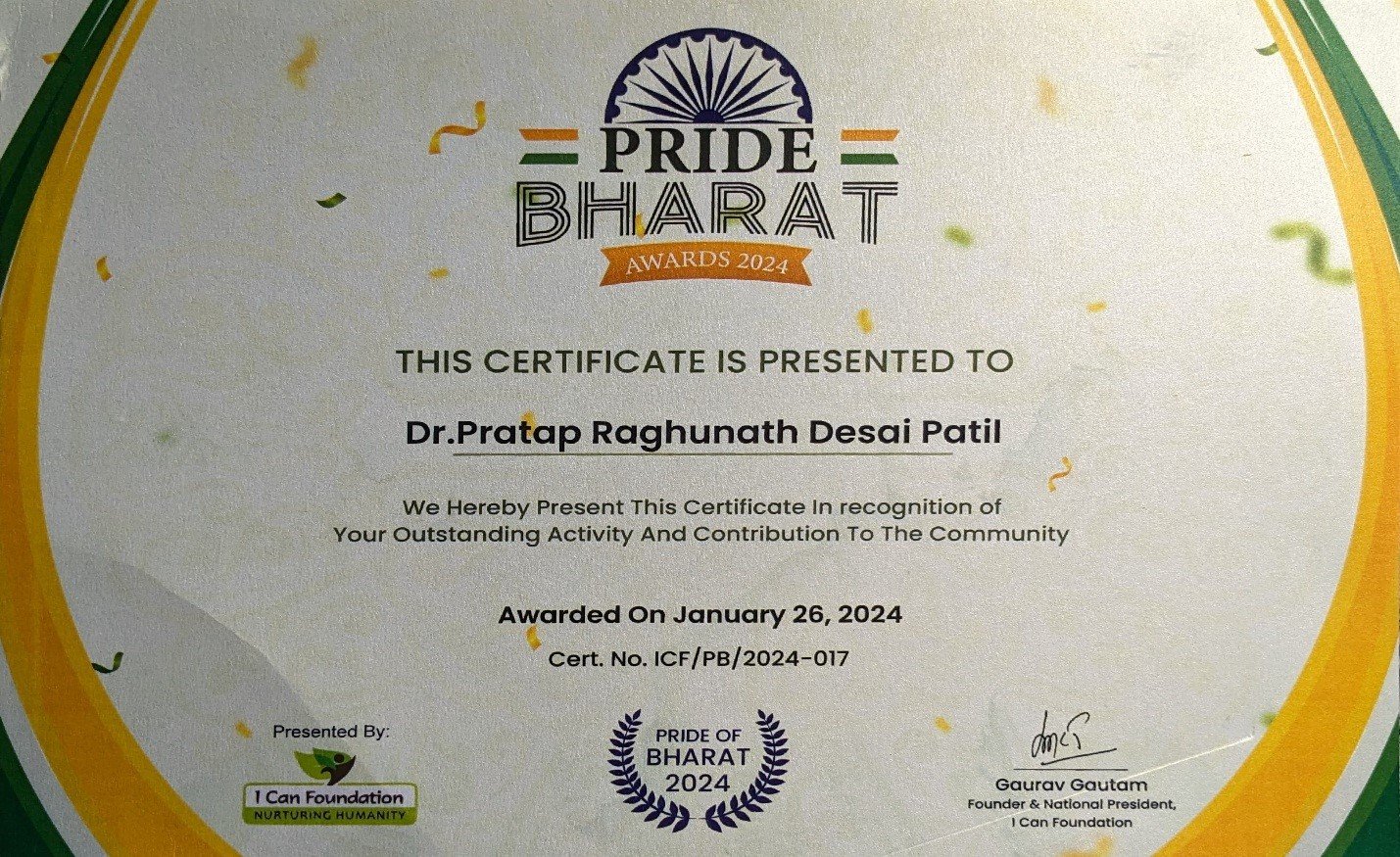 Pride of Bharat Award for Dr. Pratap Desai 